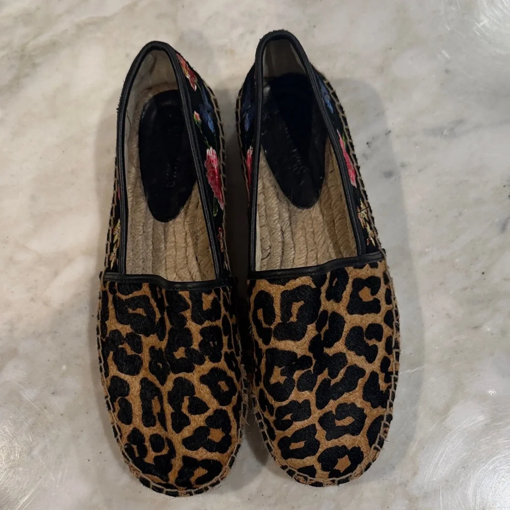 Leopard cowhide Espadrille Slip-On with Floral Embroidery - Brown/Black